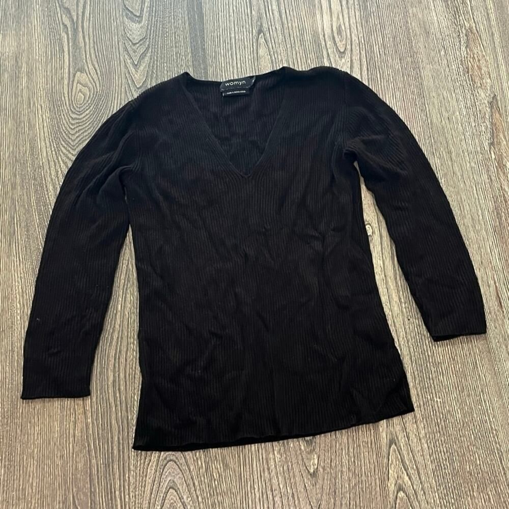 Womyn Womens Ribbed Knit Sweater V-Neck Long Sleeves Pullover Black Size Small